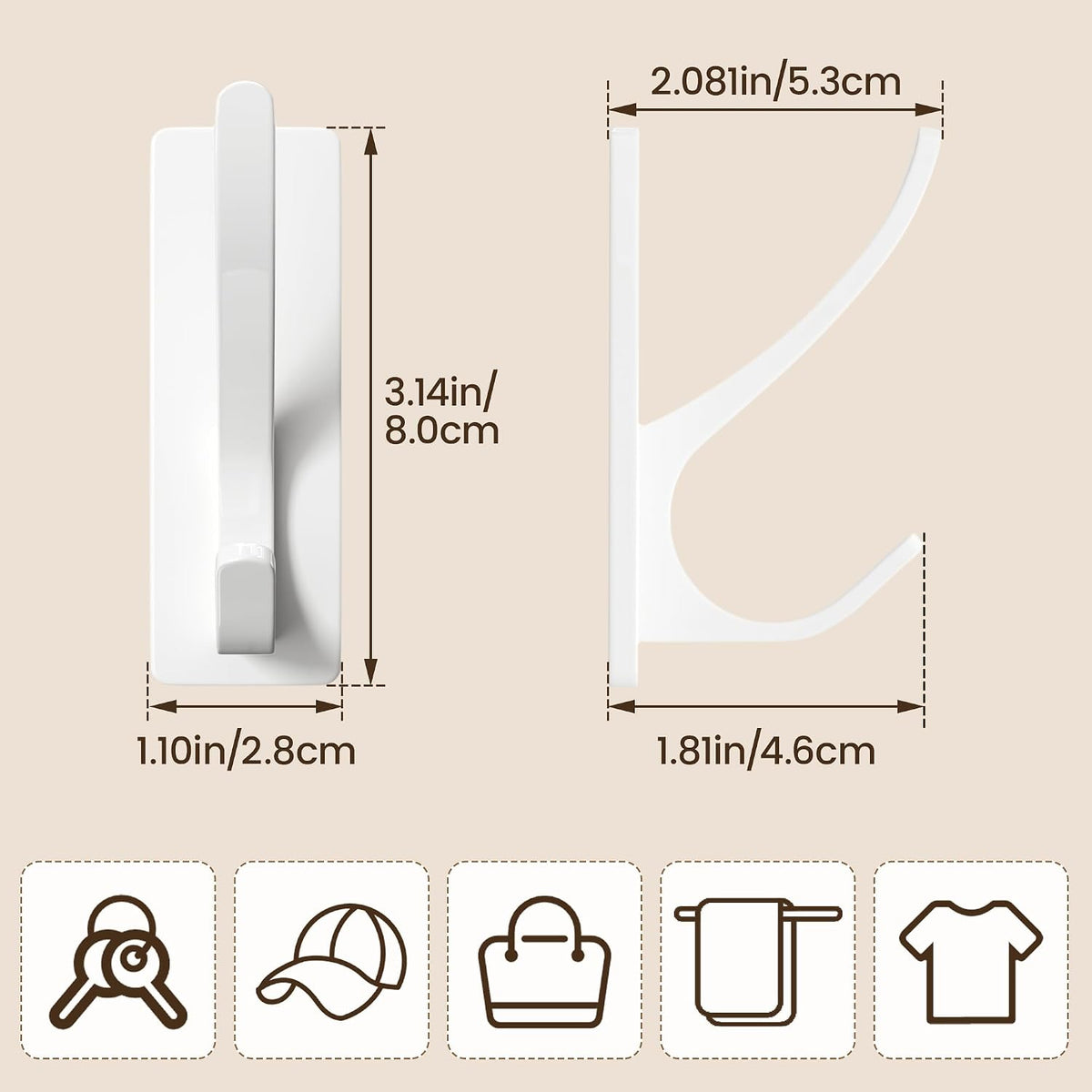 pickpiff White Self-Adhesive Hook, 13LB Hanger for Coat/Towel, 4-Pack