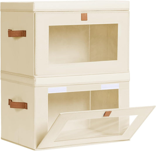 Homsorout Large Closet Storage Organizer - Clothes Storage Bins with Handles & Window, Collapsible Decorative Boxes with Lids, Fabric Containers for Living Room, Dorm, 2 Pack, Beige