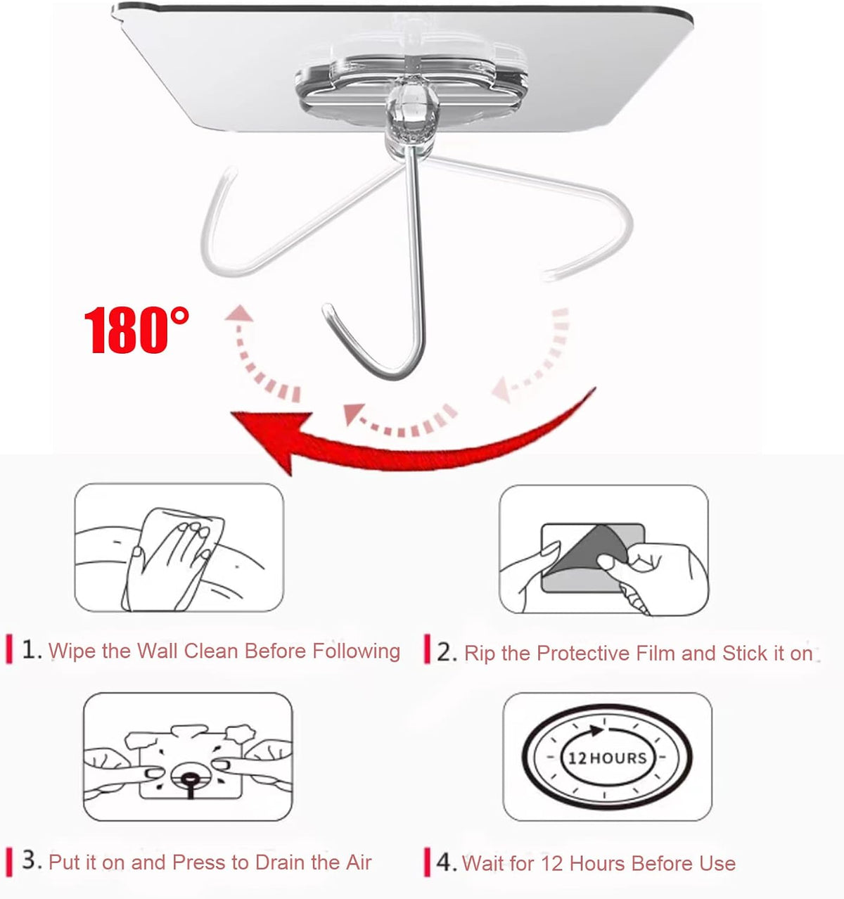 DDMY Adhesive Wall Hooks Heavy Duty 50LB Clear Hook 24 Pack for Hanging