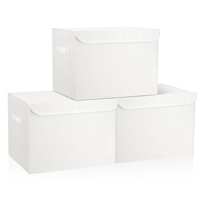 Bagnizer Large 17" 42 Quarts Collapsible Stackable Storage Bins with Lids [3-Pack] Foldable Fabric Linen Storage Boxes Cube, Closet Organizer Baskets with Label (16.7 x 12 x 12, Black)