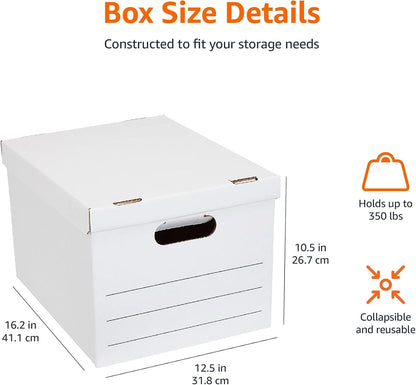 Amazon Basics Storage/Filing Boxes with Lift-Off Lid, Letter/Legal Size, Collapsible, Tape-Free Assembly, White, 16.2" L x 12.5" W x 10.5" H, 20-Pack