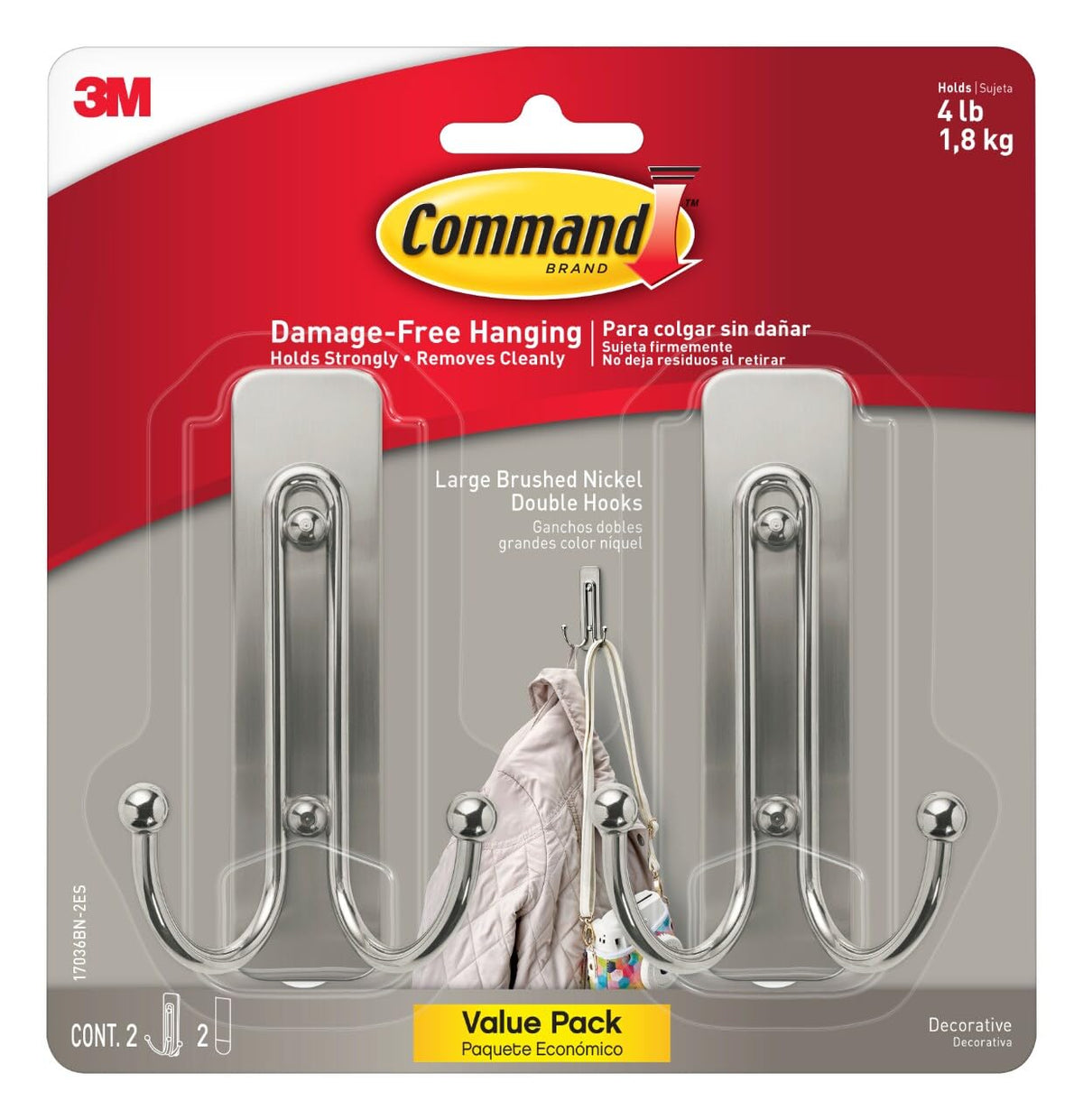Command Large Bronze Double Hooks, 2 Hooks, 2 Strips