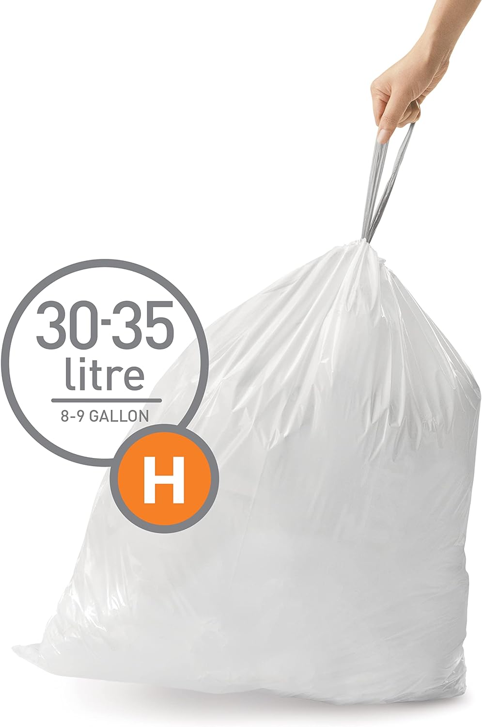 simplehuman Code H 60 Count Custom Fit Liners, Drawstring Kitchen Trash Bags, One-by-One Mess-Free Dispense, Extra Thick & Double Seamed, 50% PCR Plastic, 30-35 Liter / 8-9 Gallon, White