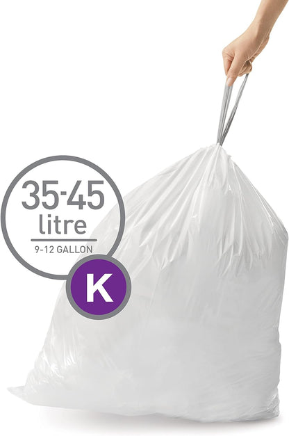 simplehuman Code K 60 Count Custom Fit Liners, Drawstring Kitchen Trash Bags, One-by-One Mess-Free Dispense, Extra Thick & Double Seamed, 50% PCR Plastic, 30-45 Liter / 8-12 Gallon, White