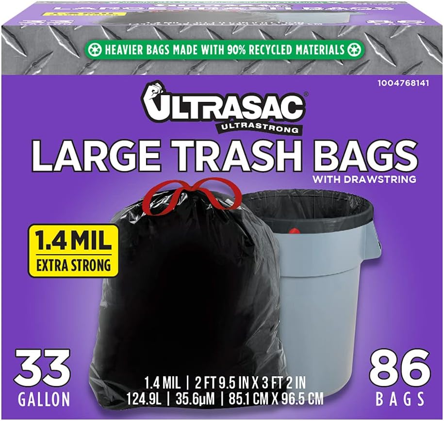 Ultrasac Black Heavy Duty Drawstring Trash Bags 33 Gallon, Pack of 86