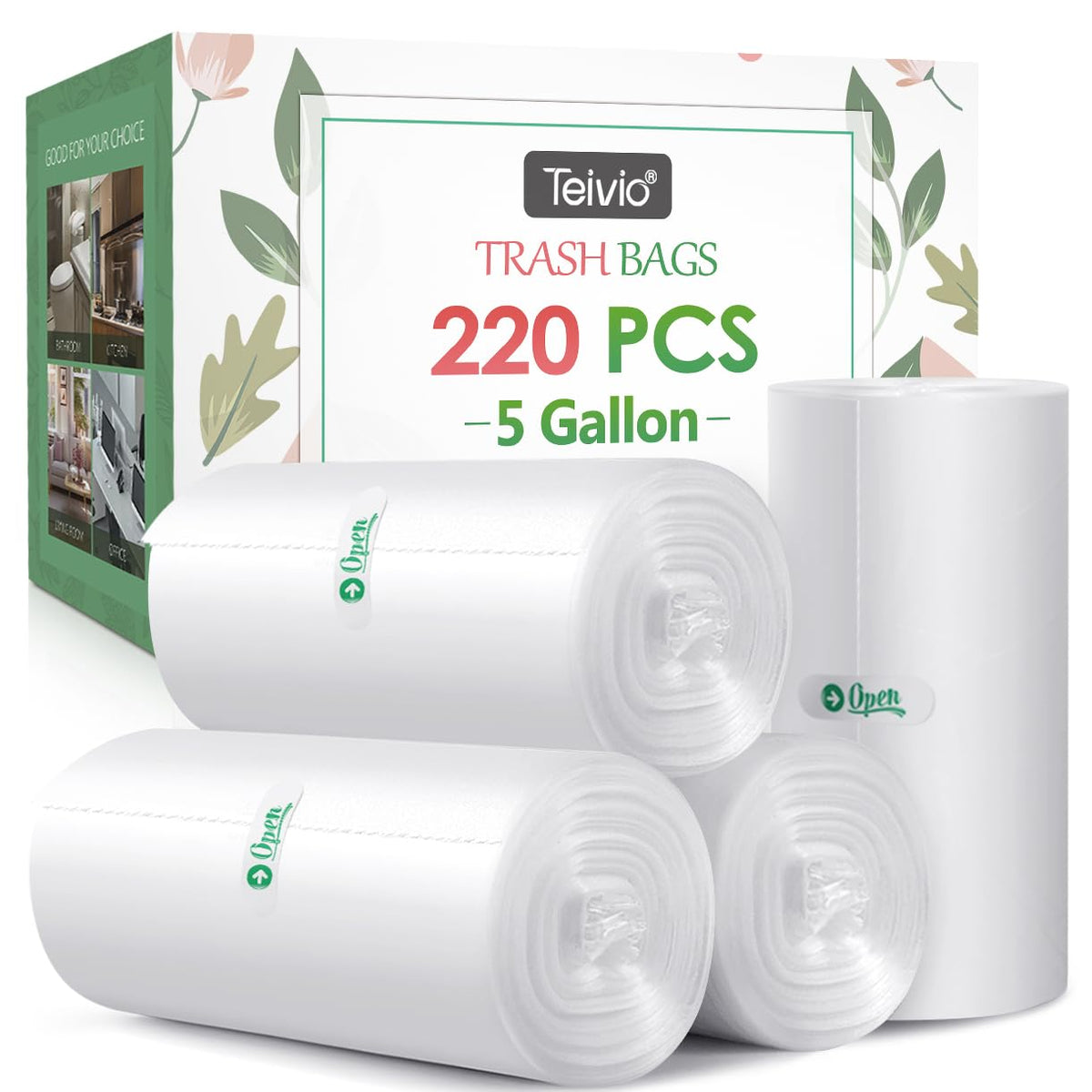 Teivio Small Clear Trash Bags 4 Gallon 330 Count Bathroom Garbage Bags