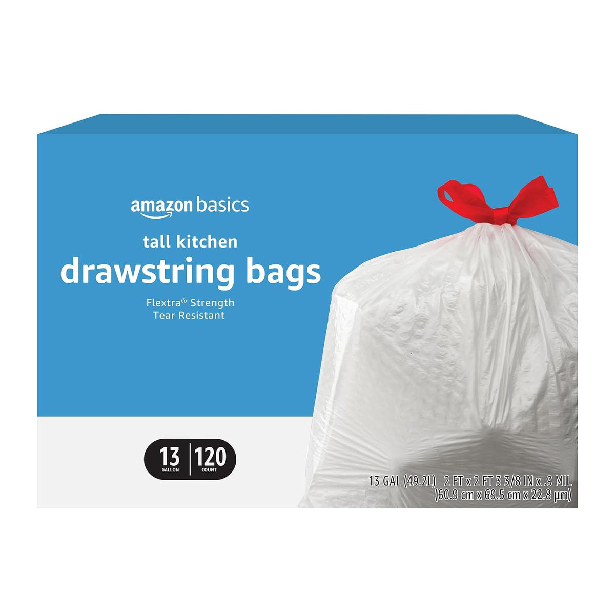Amazon Basics Flextra Tall Kitchen Drawstring Trash Bags, 13 Gallon, 120 Count