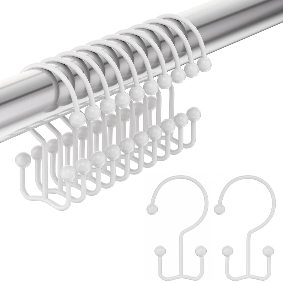 Amazer Shower Curtain Hooks, Decorative Rust Proof Stainless Steel Shower Curtain Hooks for Bathroom Shower Rods Set of 12, Polished Nickel
