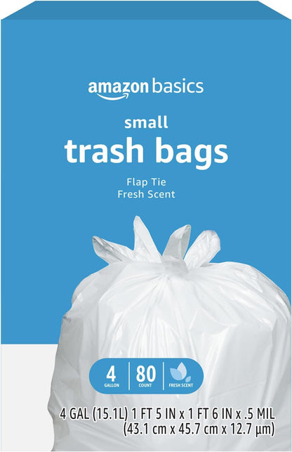 Amazon Basics Small 4 Gallon Trash Bags with Flap Ties, Fresh Scent, Odor Control, 0.5 mil Thick, 80 Count