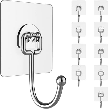Large Adhesive Wall Hooks Heavy Duty for Hanging 44LB 10pcs Clear No Drill