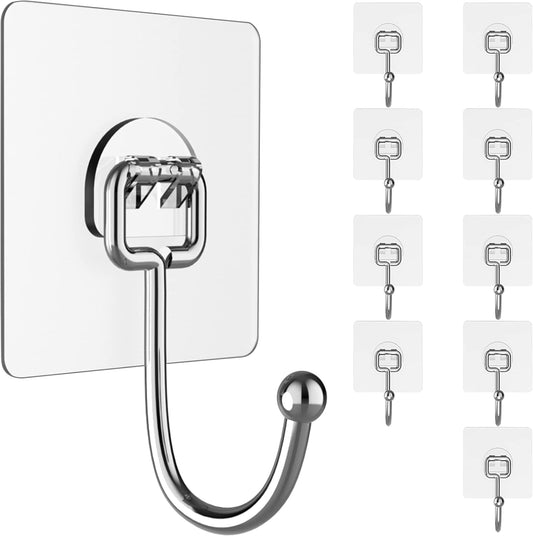 Large Adhesive Wall Hooks Heavy Duty for Hanging 44LB 10pcs Clear No Drill