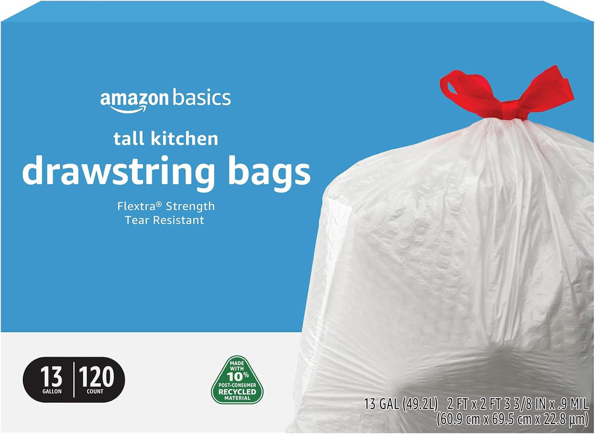 Amazon Basics 13 Gallon Tall Kitchen Drawstring Trash Bags, Flextra Strength, Tear Resistant, 10% Post Consumer Recycled, 120 Count