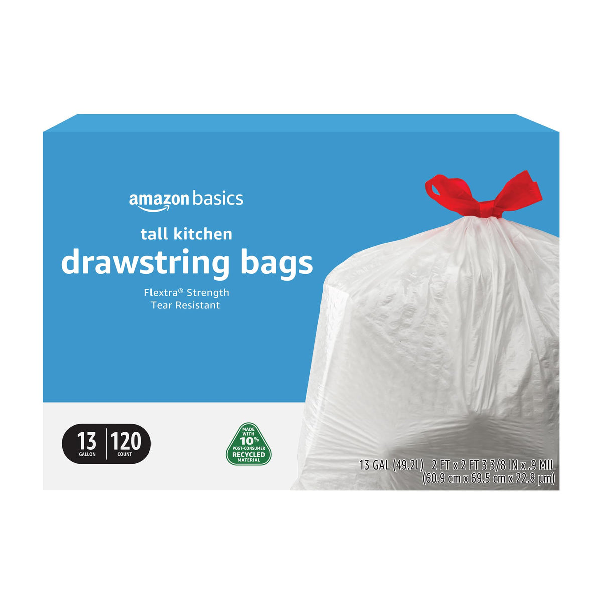 Amazon Basics 13 Gallon Tall Kitchen Drawstring Trash Bags, Flextra Strength, Tear Resistant, 10% Post Consumer Recycled, 120 Count