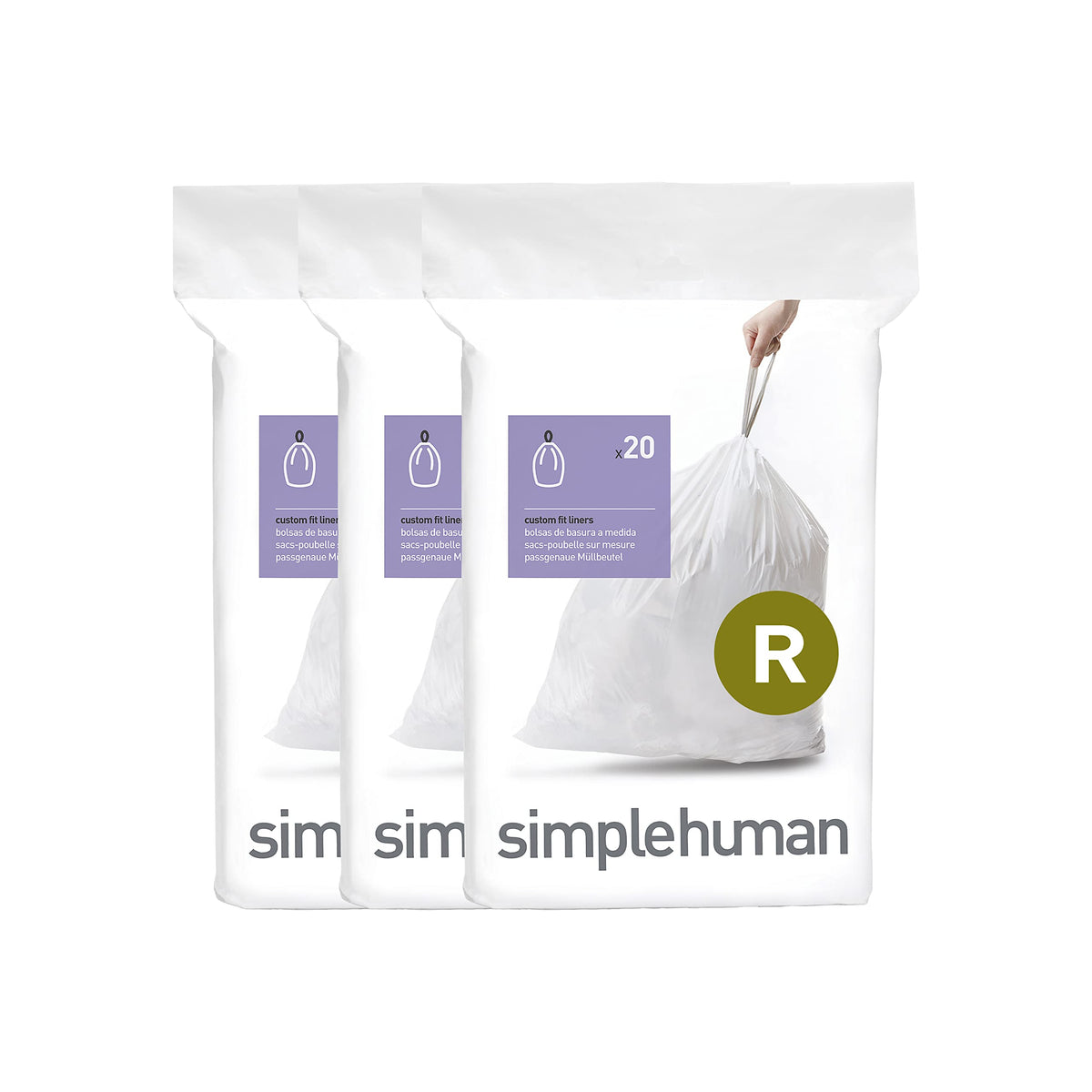simplehuman Code R 100 Count Custom Fit Liners, Drawstring Kitchen Trash Bags, One-by-One Mess-Free Dispense, Extra Thick & Double Seamed, 50% PCR Plastic, 9-10 Liter / 2.6 Gallon, White