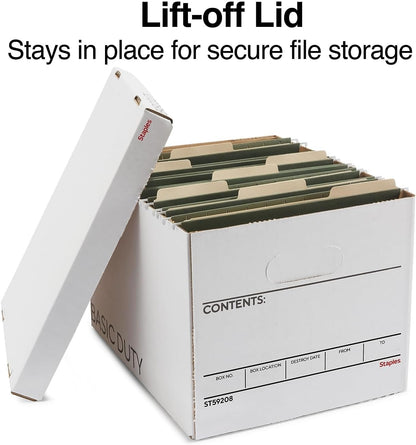 Staples Corrugated File Box, Lift-Off Lid, Letter/Legal, White/Black, 10/Pk