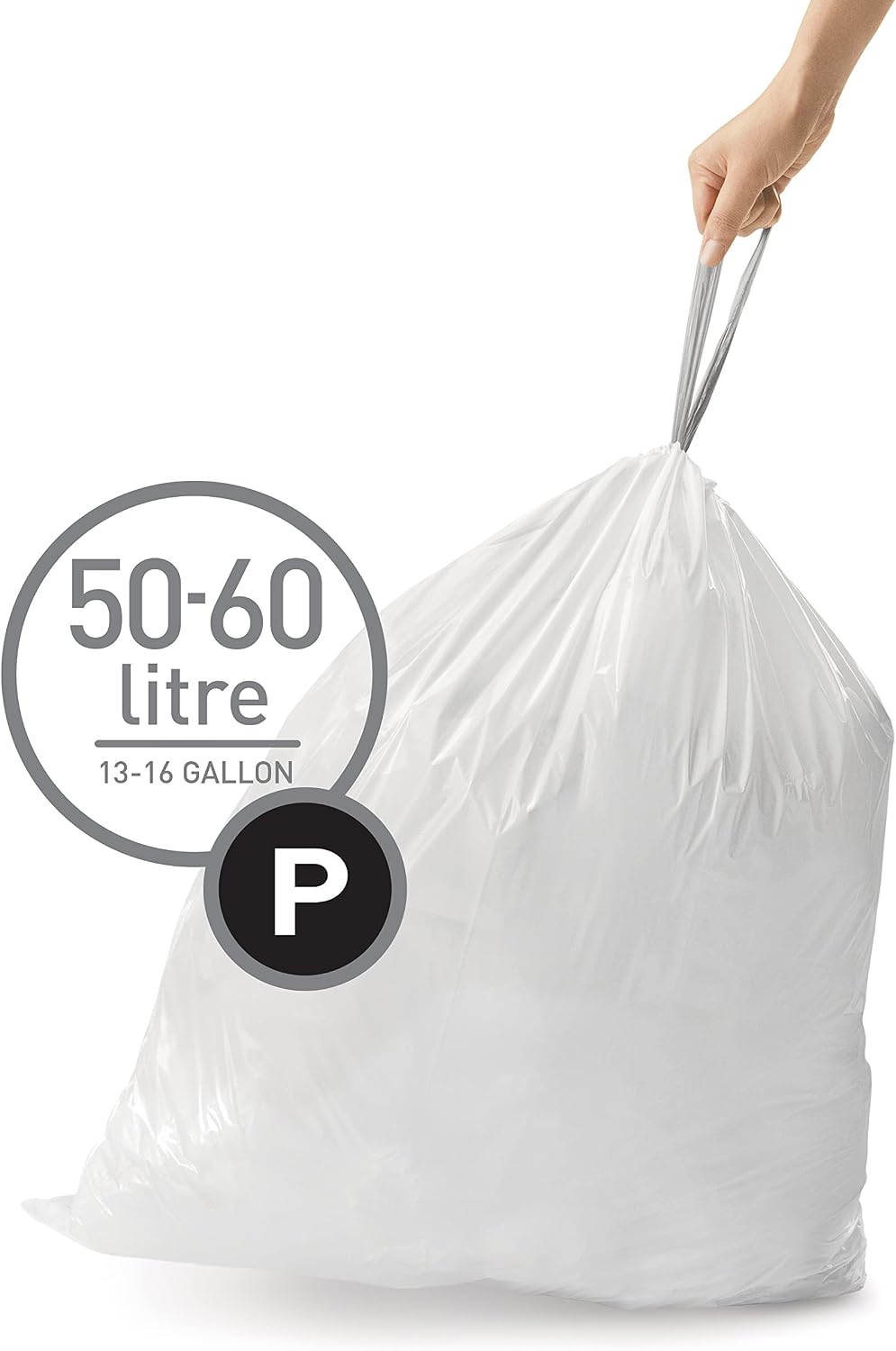 simplehuman Code P 60 Count Custom Fit Liners, Drawstring Kitchen Trash Bags, One-by-One Mess-Free Dispense, Extra Thick & Double Seamed, 50% PCR Plastic, 50-60 Liter / 13-16 Gallon, White