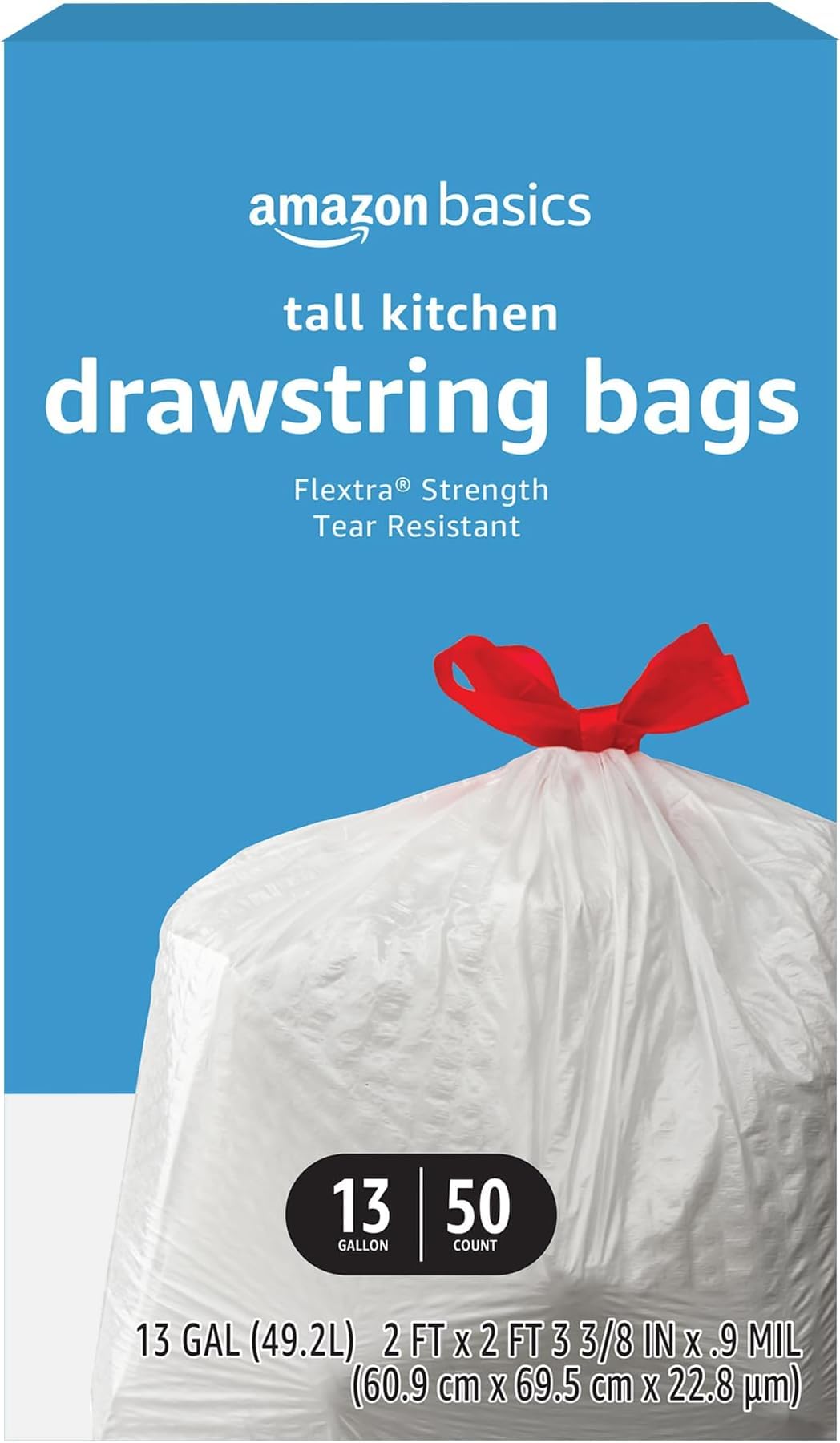 Amazon Basics Flextra Tall Kitchen Drawstring Trash Bags, 13 Gallon, 50 Count, Tear-Resistant, Unscented