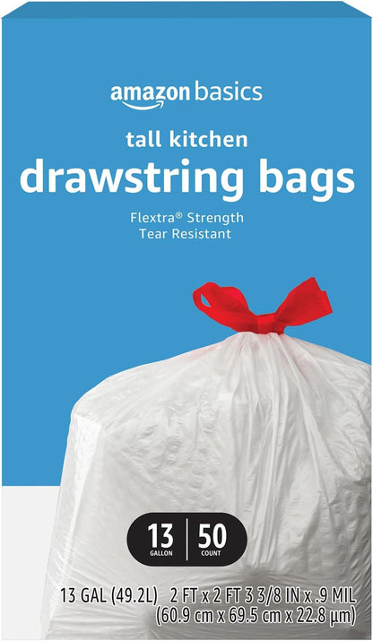 Amazon Basics Flextra Tall Kitchen Drawstring Trash Bags, 13 Gallon, 50 Count, Tear-Resistant, Unscented