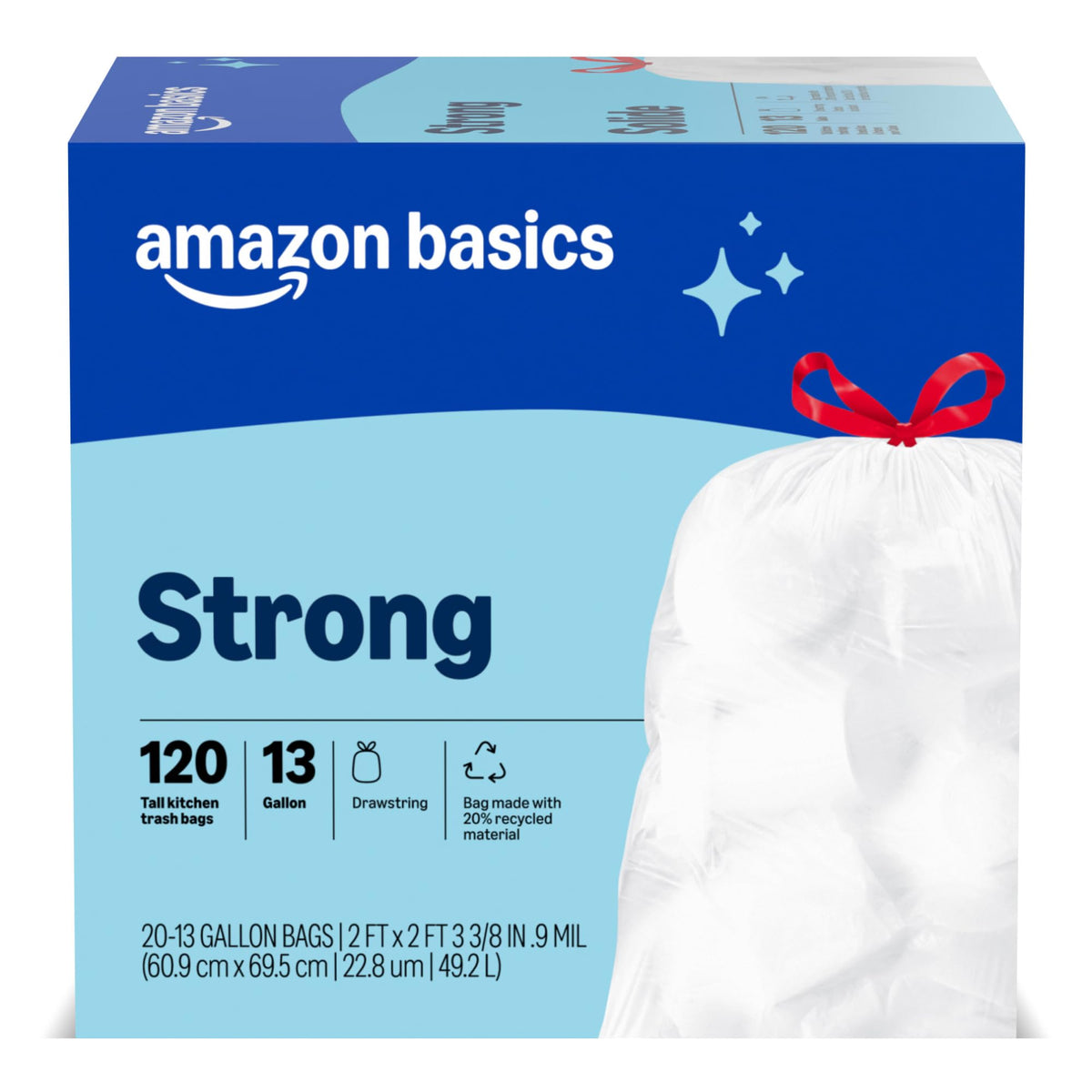 Amazon Basics Flextra Strength Tall Kitchen Drawstring Trash Bags, Fresh Scent, Tear Resistant, 13 Gallon, 50 Count