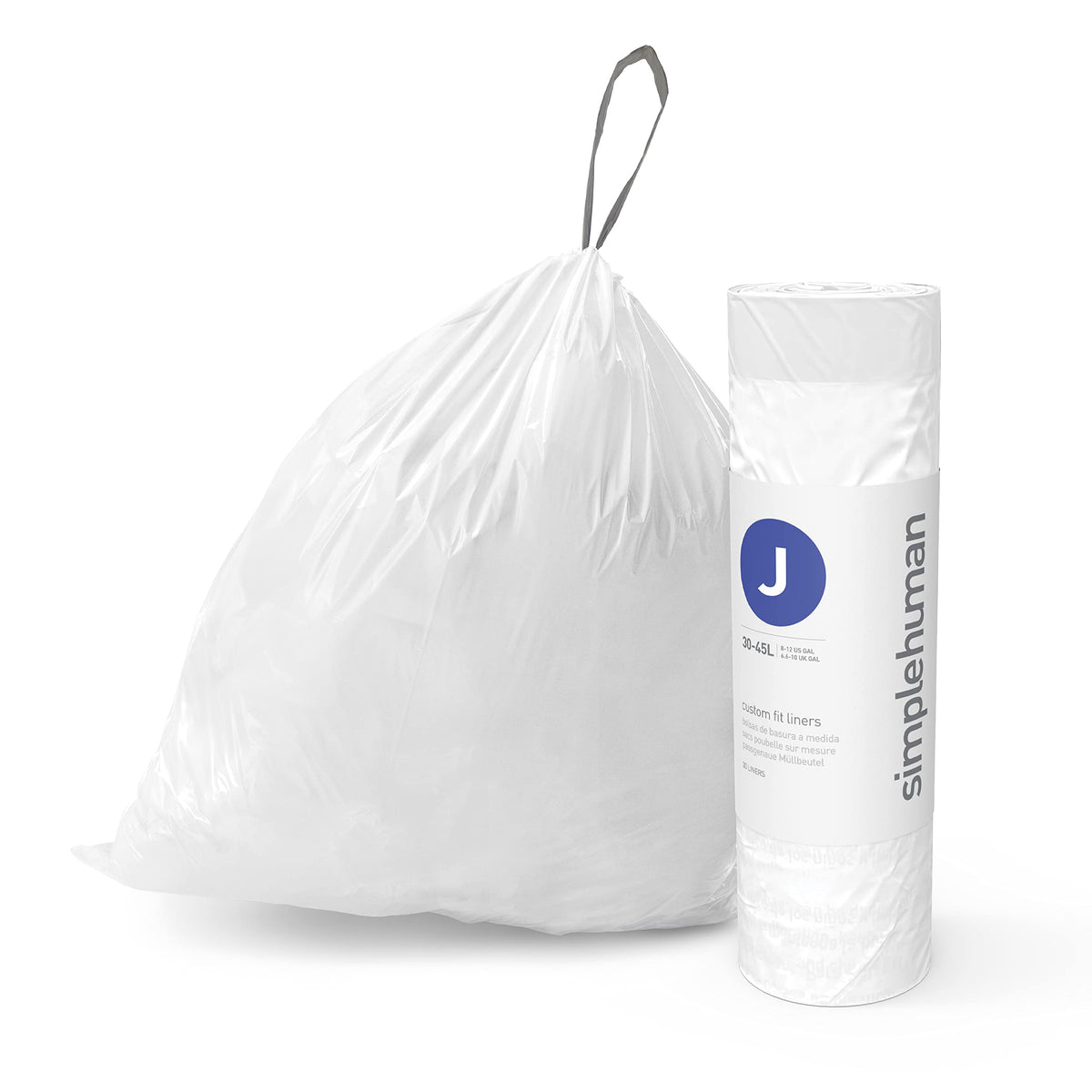 simplehuman Code J 100 Count Custom Fit Liners, Drawstring Kitchen Trash Bags, One-by-One Mess-Free Dispense, Extra Thick & Double Seamed, 50% PCR Plastic, 38-45 Liter / 10-12 Gallon, White