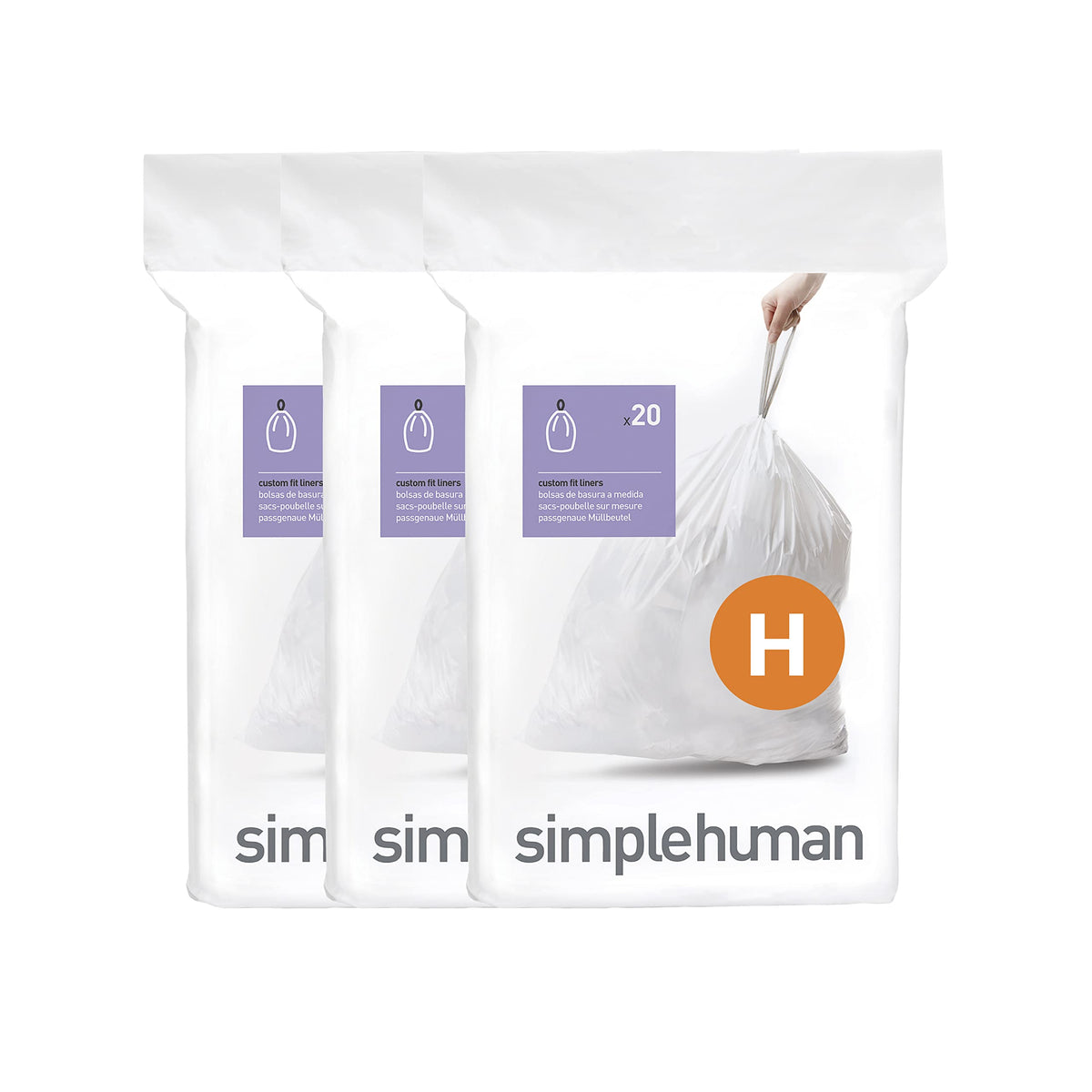 simplehuman Code H 60 Count Custom Fit Liners, Drawstring Kitchen Trash Bags, One-by-One Mess-Free Dispense, Extra Thick & Double Seamed, 50% PCR Plastic, 30-35 Liter / 8-9 Gallon, White