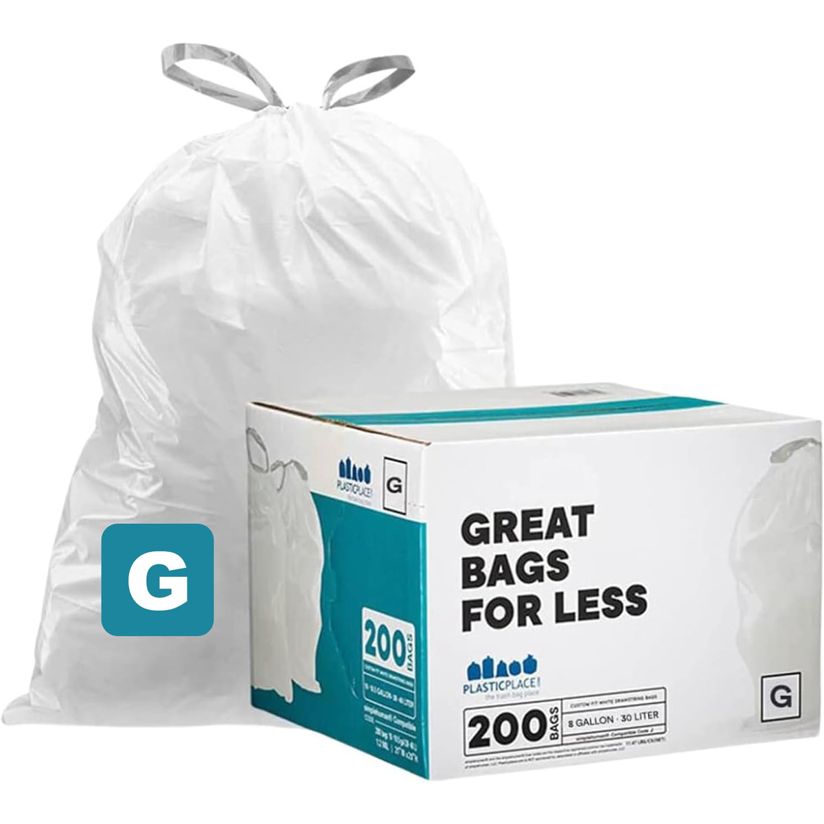 Plasticplace Custom Fit Trash Bags, Compatible with simplehuman Code G (100 Count) White Drawstring Garbage Liners 8 Gallon / 30 Liters, 17.5" x 28"