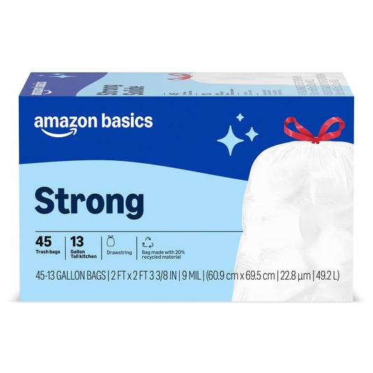 Amazon Basics Trash Bags, Tall Kitchen Drawstring, Unscented, 13 Gallon, 45 Count, Pack of 1, Packaging May Vary
