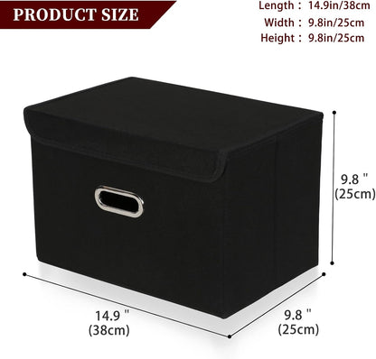 STOREONE Fabric Storage Cube Bins Foldable Organizer Container Collapsible Basket with Lids and Metal Handles, for Home, Bedroom, Closet (Black, 3 Pcs)