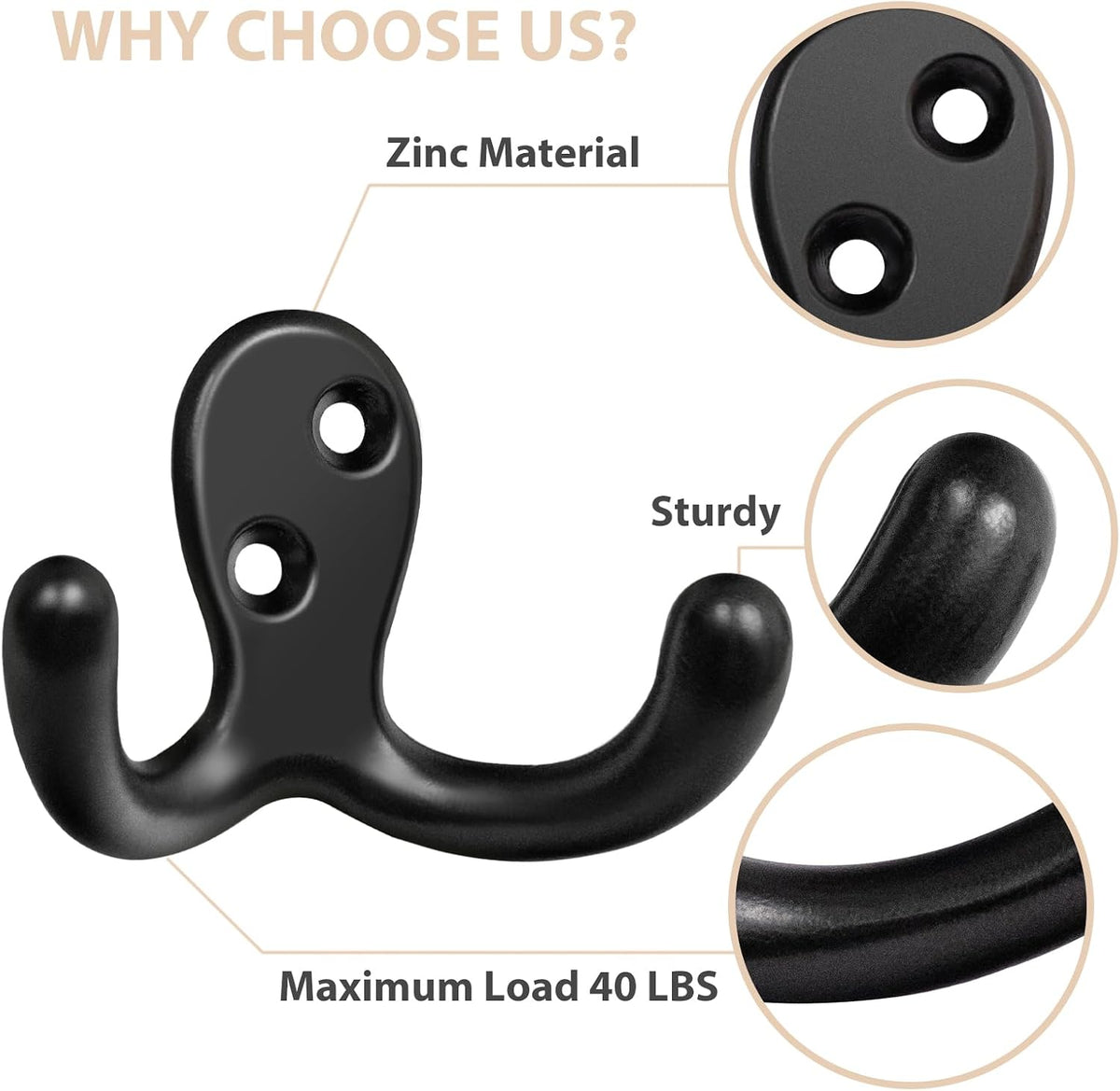 Homanu 14 Pack Black Coat Hooks Wall Mounted Double Prong with 28 Screws