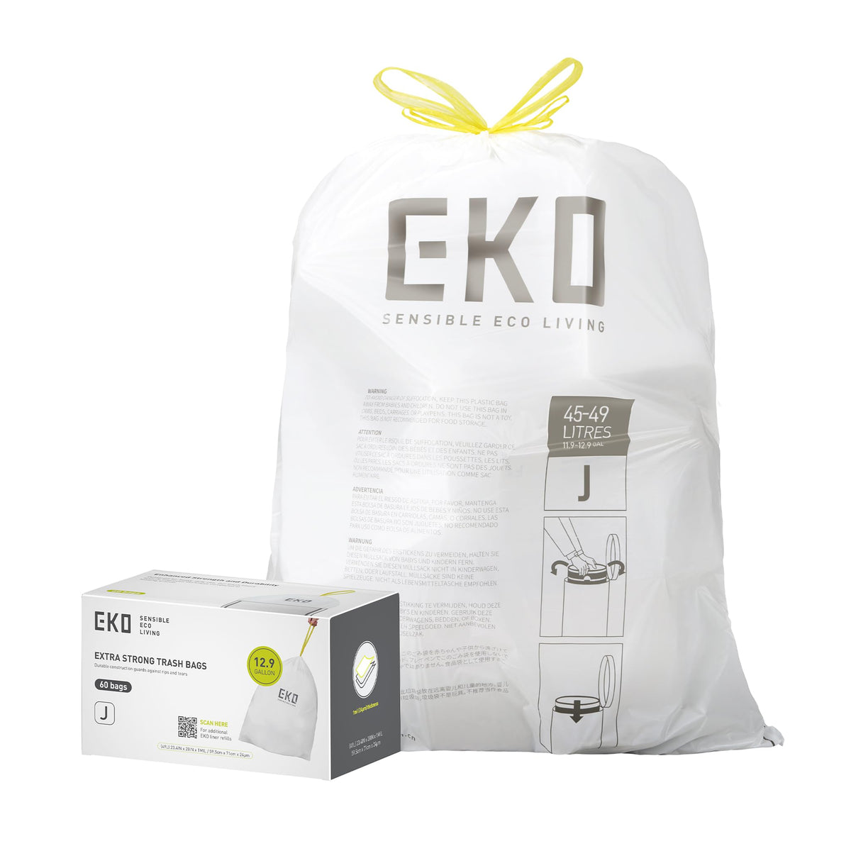 EKO 21 Gallon / 50-90 Liter, 60 Count Drawstring Trash Bags, Extra-Strong Unscented Garbage Bags, Easy-Dispense Roll for Kitchen & Household Use, Code G, White