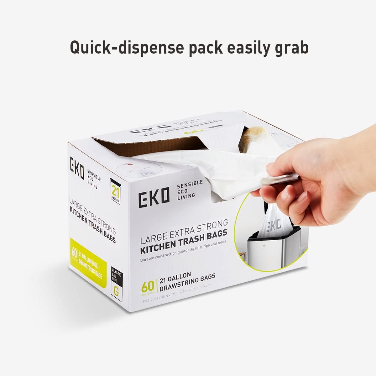 EKO 21 Gallon / 50-90 Liter, 60 Count Drawstring Trash Bags, Extra-Strong Unscented Garbage Bags, Easy-Dispense Roll for Kitchen & Household Use, Code G, White