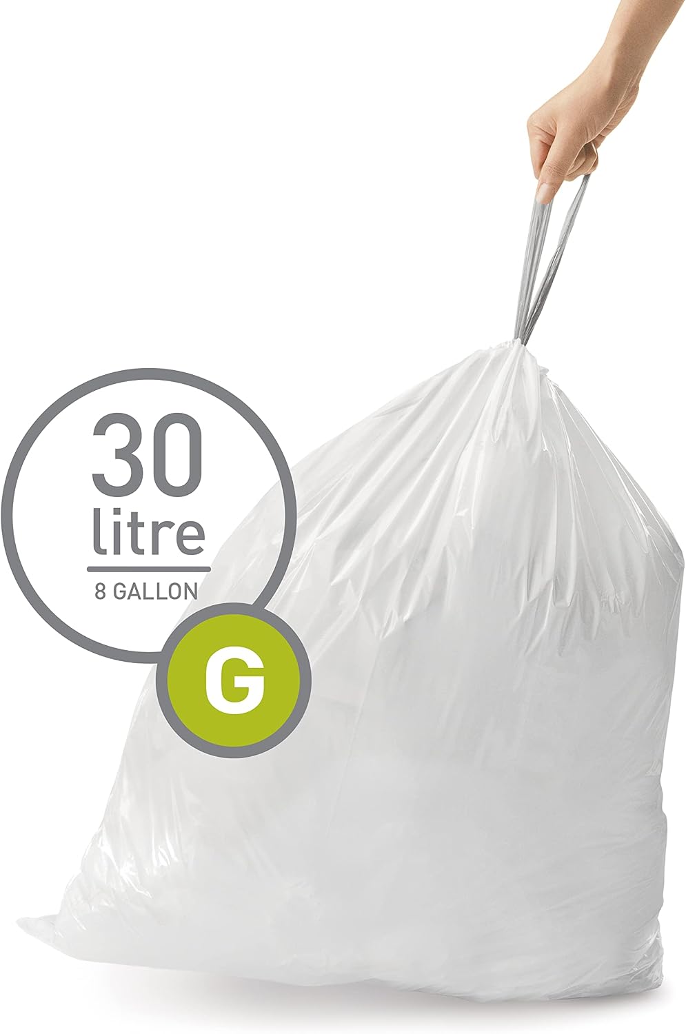 simplehuman Code G 60 Count Custom Fit Liners, Drawstring Kitchen Trash Bags, One-by-One Mess-Free Dispense, Extra Thick & Double Seamed, 50% PCR Plastic, 30 Liter / 8 Gallon, White