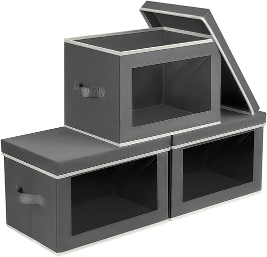 Homsorout Storage Bins with Lids - Fabric Storage Boxes with Window, Collapsible Closet Organizers with Handles, 3 Pack Decorative Bin, Home Cubes Baskets for Clothes, Hat, Books, Dark Grey