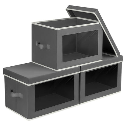 Homsorout Storage Bins with Lids - Fabric Storage Boxes with Window, Collapsible Closet Organizers with Handles, 3 Pack Decorative Bin, Home Cubes Baskets for Clothes, Hat, Books, Dark Grey