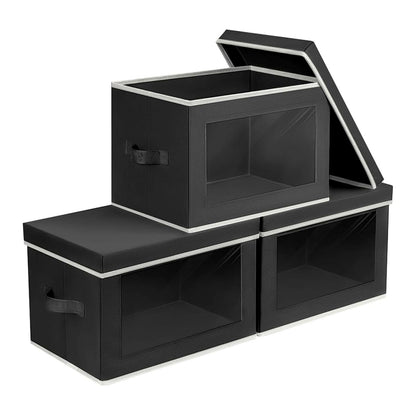 Homsorout Storage Bins with Lids - Fabric Storage Boxes with Window, Collapsible Closet Organizers with Handles, 3 Pack Decorative Bin, Home Cubes Baskets for Clothes, Hat, Books, Dark Grey