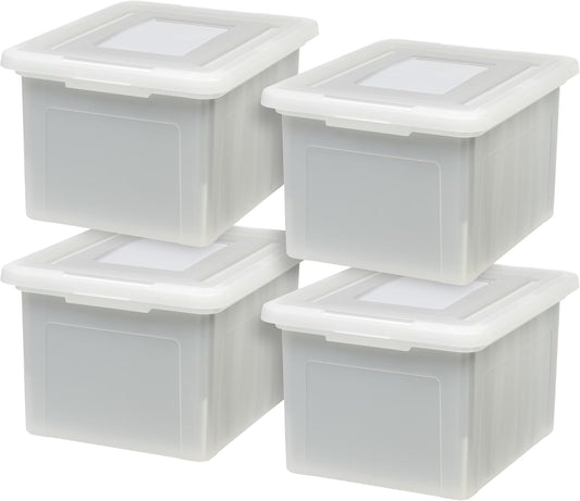 IRIS USA 4-Pack 35 Qt. Letter File Box with Lid, Pearl