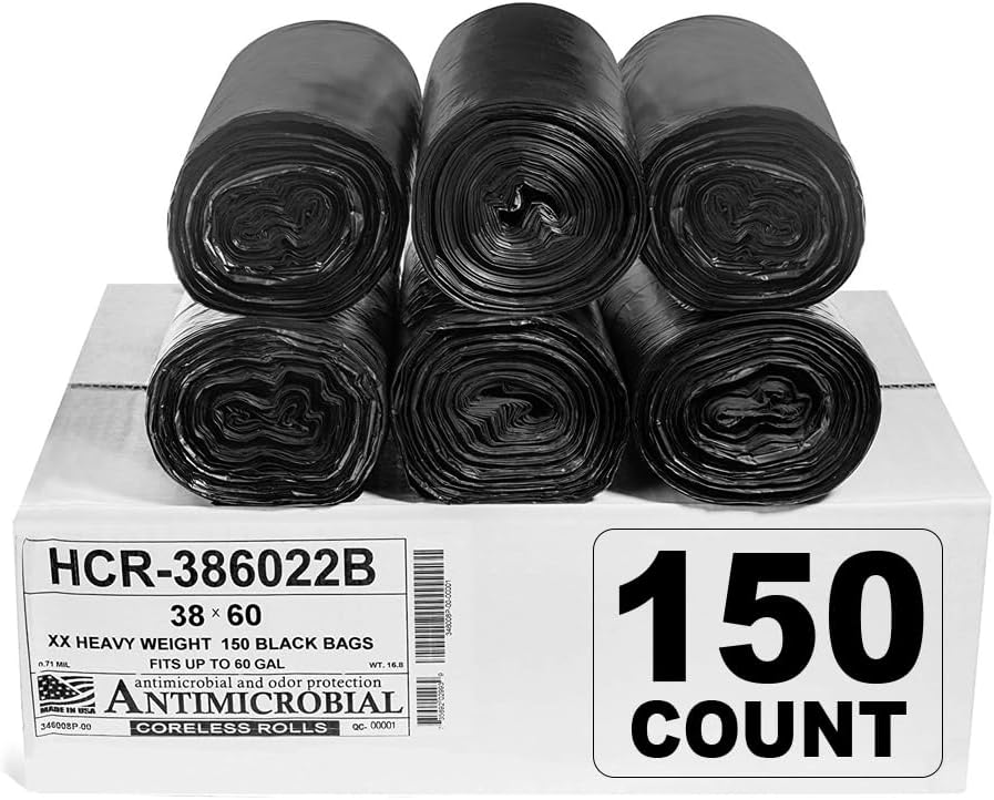 Aluf Plastics 60 Gal Black Trash Bags, 22 Micron (EQ.), 38" x 60" (150 Pk)