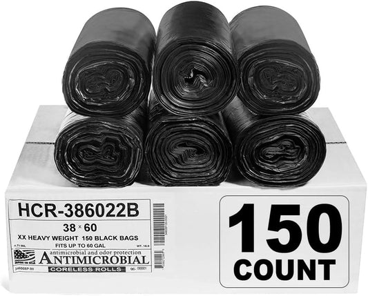 Aluf Plastics 60 Gal Black Trash Bags, 22 Micron (EQ.), 38" x 60" (150 Pk)