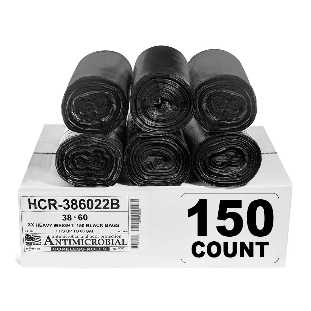 Aluf Plastics 60 Gal Black Trash Bags, 22 Micron (EQ.), 38" x 60" (150 Pk)