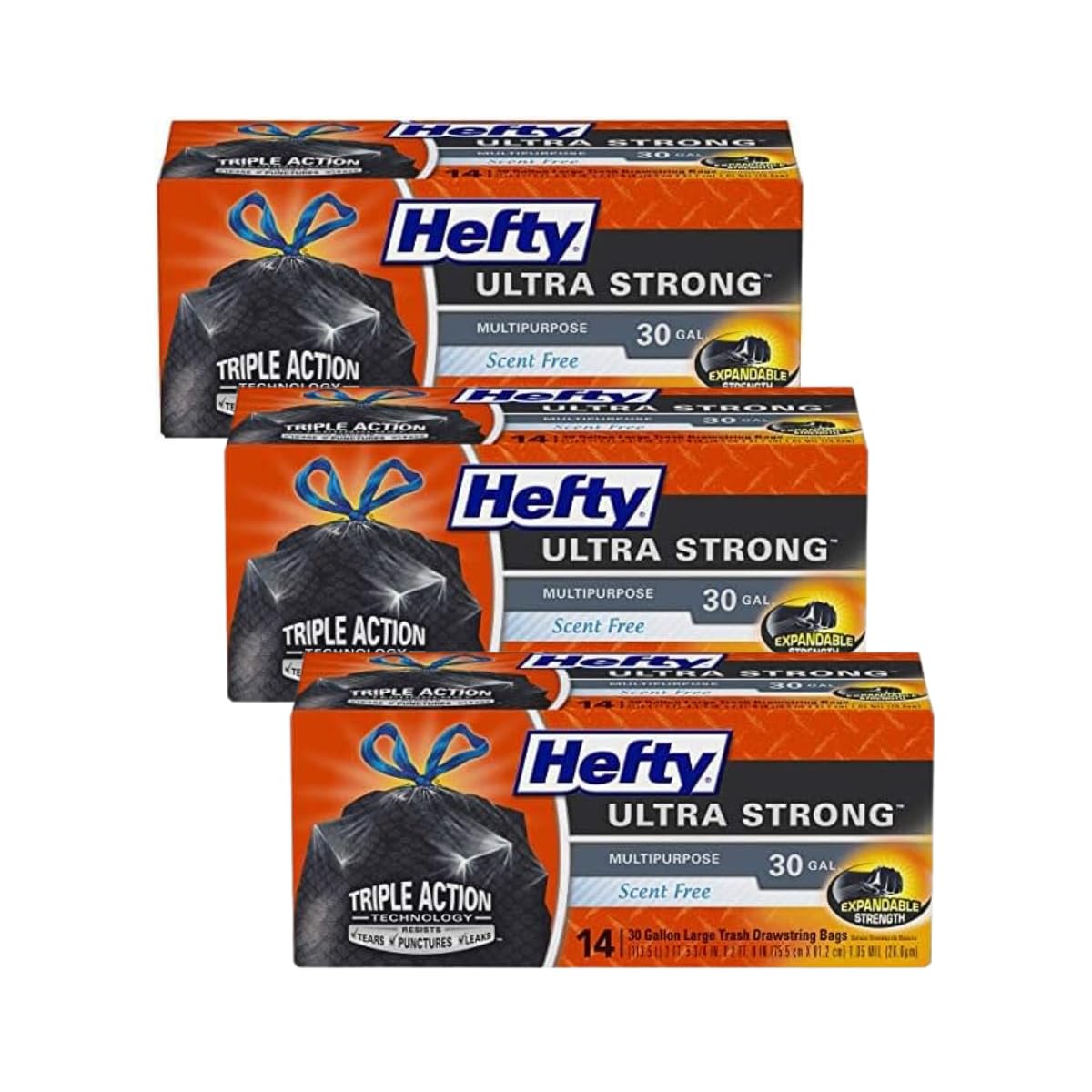 Hefty Ultra Strong 30 Gal Large Trash Bags, Black, Unscented, 25ct
