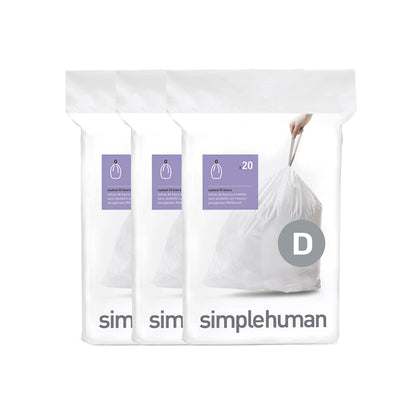 simplehuman Code D 100 Count Custom Fit Liners, Drawstring Kitchen Trash Bags, One-by-One Mess-Free Dispense, Extra Thick & Double Seamed, 50% PCR Plastic, 20 Liter / 5.3 Gallon, White