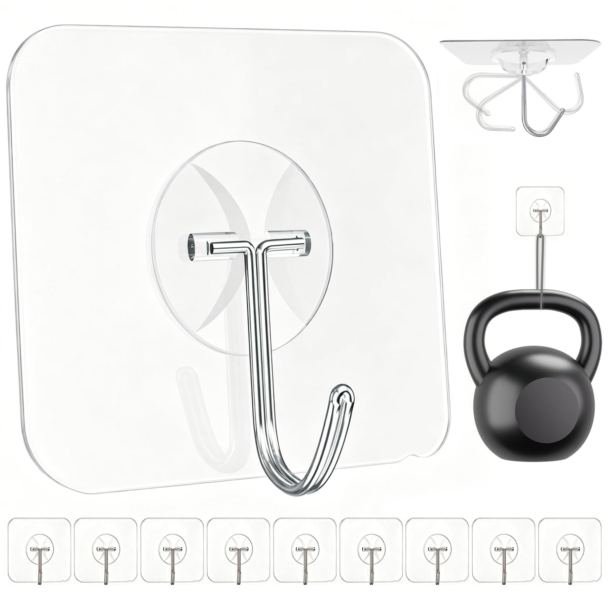 Large Adhesive Wall Hooks Heavy Duty for Hanging 44LB 10pcs Clear No Drill