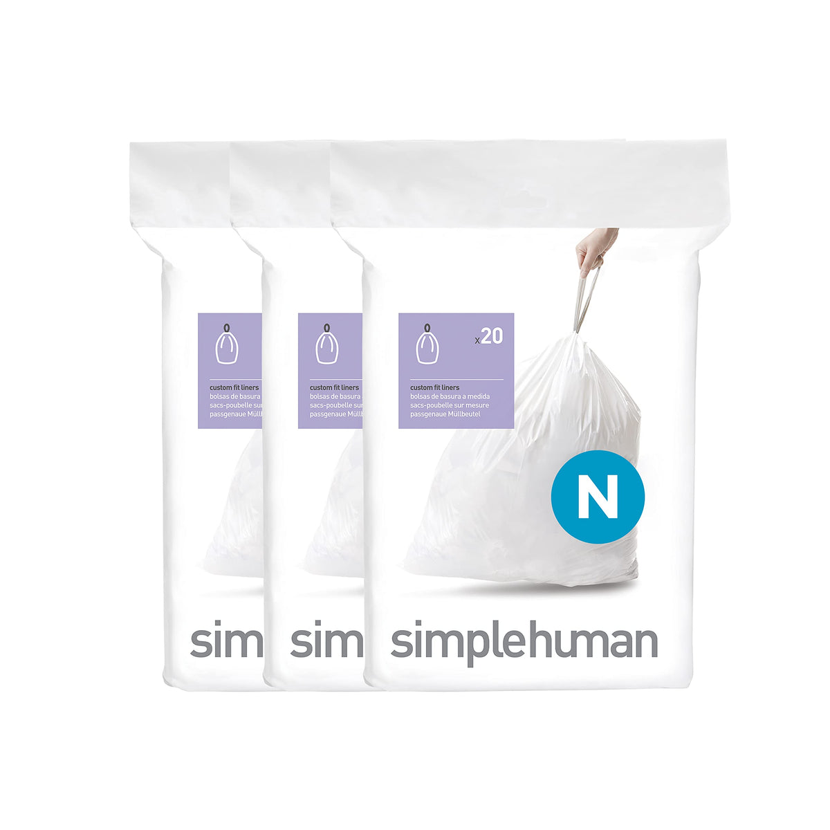 simplehuman Code N 60 Count Custom Fit Liners, Drawstring Kitchen Trash Bags, One-by-One Mess-Free Dispense, Extra Thick & Double Seamed, 50% PCR Plastic, 40-50 Liter / 10.6-13 Gallon, White
