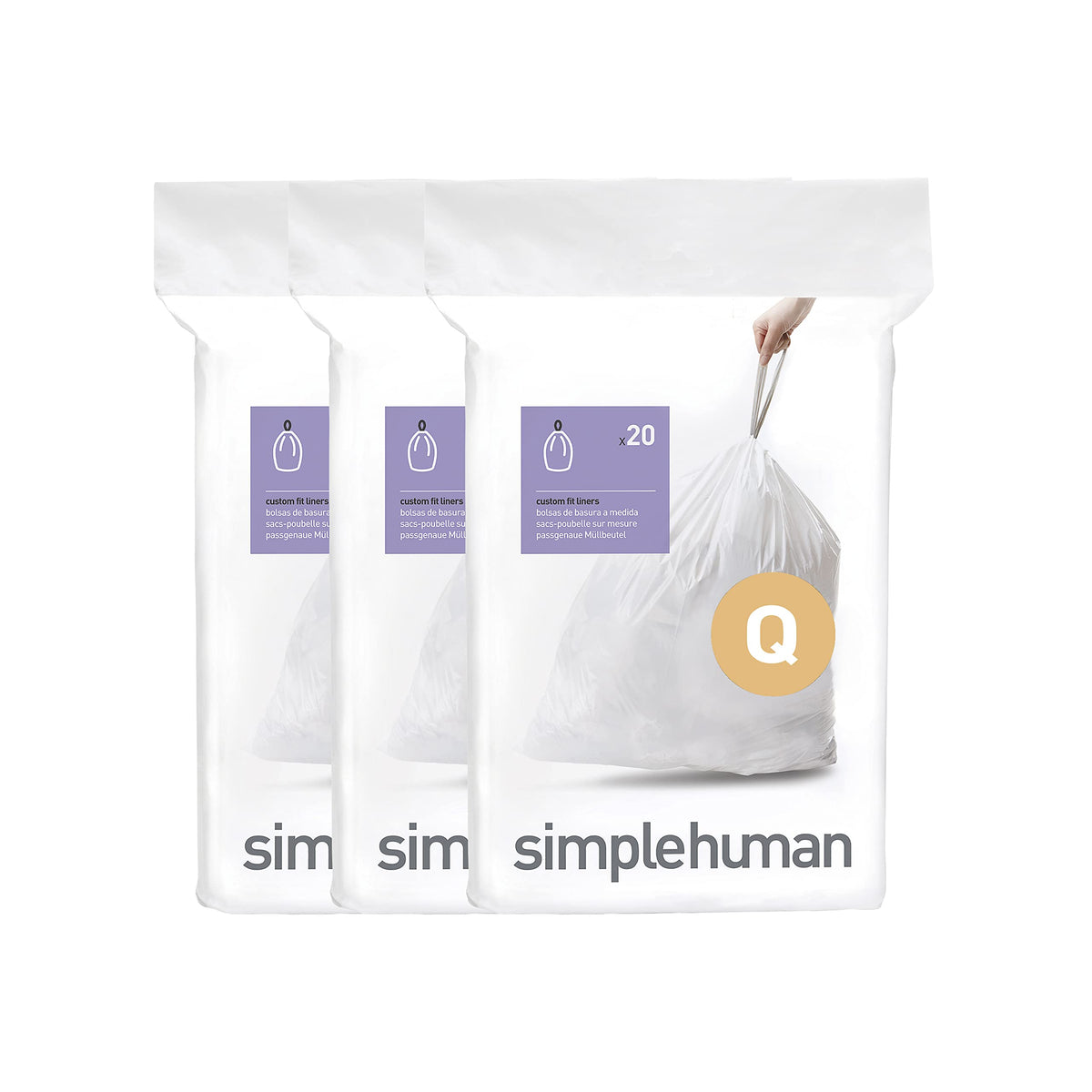 simplehuman Code Q 100 Count Custom Fit Liners, Drawstring Kitchen Trash Bags, One-by-One Mess-Free Dispense, Extra Thick & Double Seamed, 50% PCR Plastic, 50-65 Liter / 13-17 Gallon, White