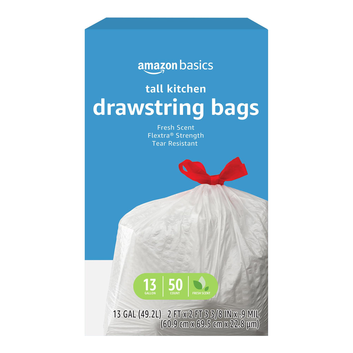 Amazon Basics Trash Bags, Tall Kitchen Drawstring, Unscented, 13 Gallon, 120 Count, Pack of 1, Packaging May Vary