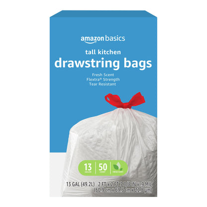 Amazon Basics Trash Bags, Tall Kitchen Drawstring, Unscented, 13 Gallon, 120 Count, Pack of 1, Packaging May Vary