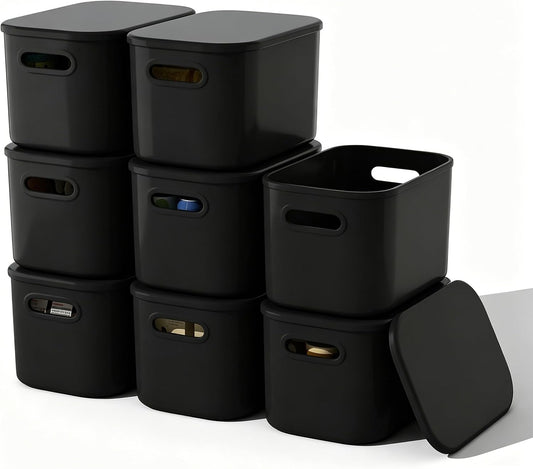 ORGIDOL 8 Pack Black Storage Bins with Lids Stackable Storage Container for Organizing, Black Storage Boxes with Handle for Shelves, Cute Organizer Bins for Craft, Snacks, 9.85x6.9x5.7 inch