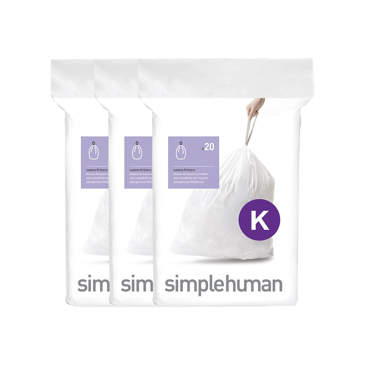 simplehuman Code K 60 Count Custom Fit Liners, Drawstring Kitchen Trash Bags, One-by-One Mess-Free Dispense, Extra Thick & Double Seamed, 50% PCR Plastic, 30-45 Liter / 8-12 Gallon, White