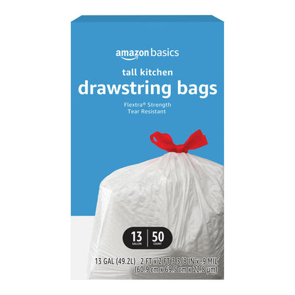 Amazon Basics Scented Trash Bags, Tall Kitchen Drawstring, Clean Scent, 13 Gallon, 200 Count, Pack of 1, Packaging May Vary