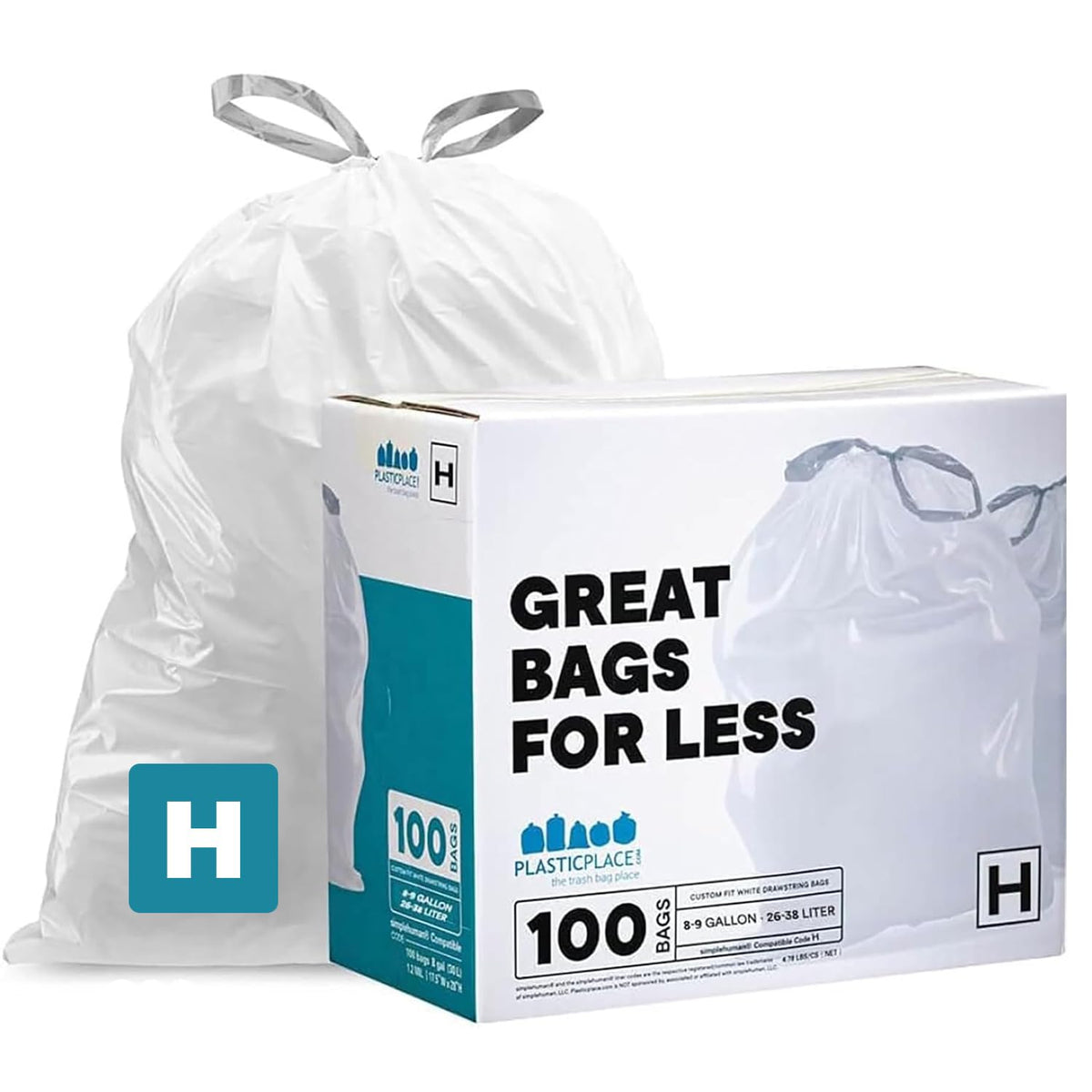 Plasticplace Custom Fit Trash Bags Compatible w Simplehuman Code H Drawstring Bags 8-9 Gallon Tear-Resistant Liner 200 Count Heavy-Duty Waste Disposal